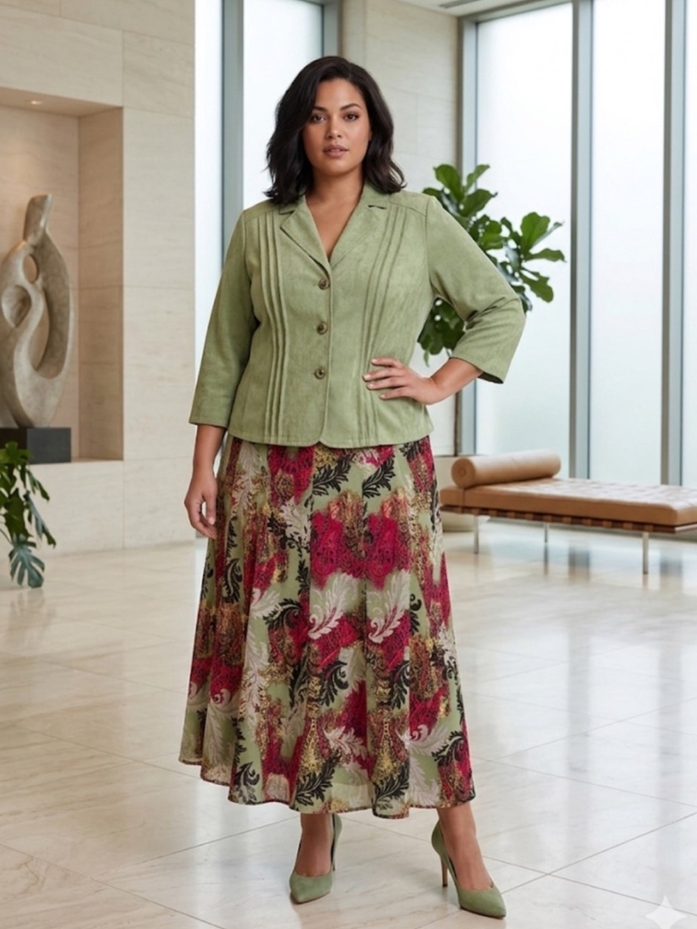 R.Q.T Woman 2X Skirt Suit Set – Elegant Floral Midi Skirt & Structured Blazer